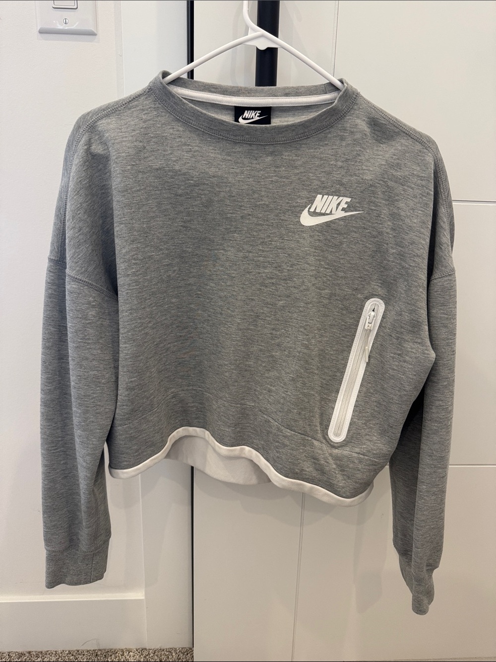 Nike Gray Cropped Crew Sweatshirt with White Logo and Zip Pocket